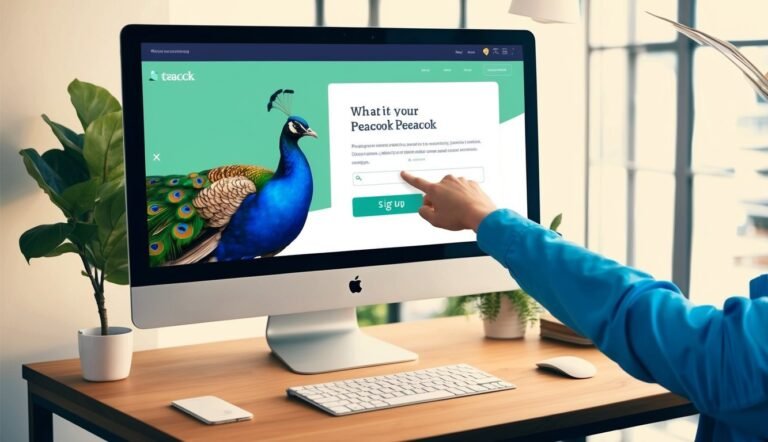 Person signing up on a website with a peacock illustration on the screen