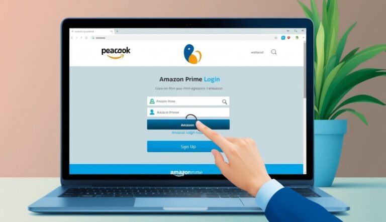 Laptop screen with Amazon Prime login page, finger hovering over login button
