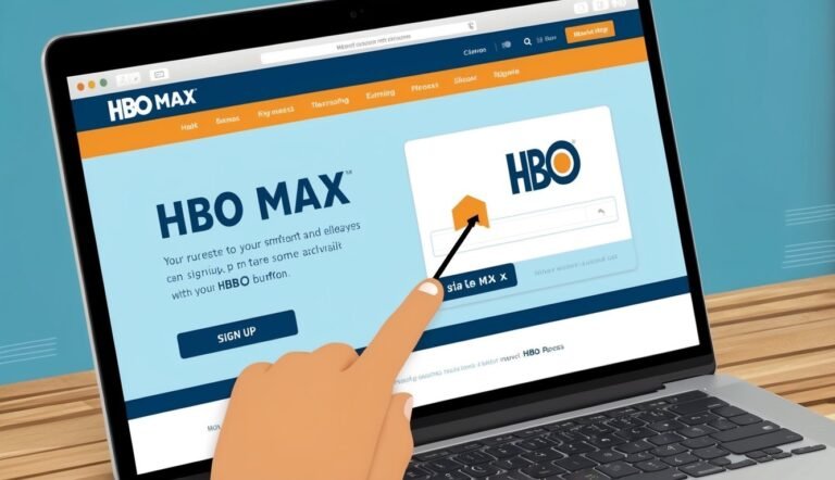 Laptop screen displaying the HBO Max website, with a finger pointing at a button