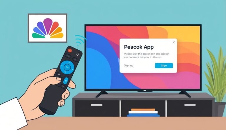 Hand holding remote, TV displaying Peacock App sign-up screen, NBC logo on wall
