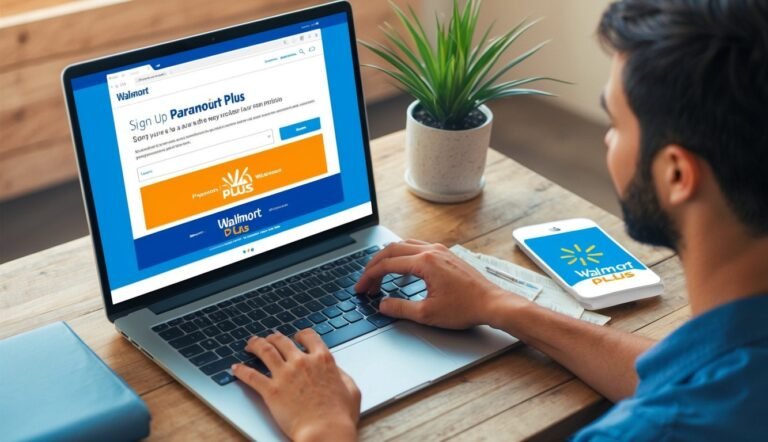 Man using laptop to sign up for Walmart Plus, phone with logo nearby