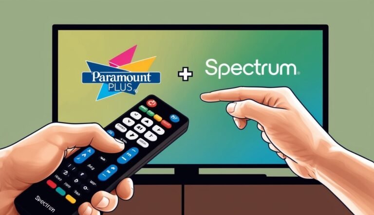 Hands holding Spectrum remote, pointing at Paramount Plus on TV screen
