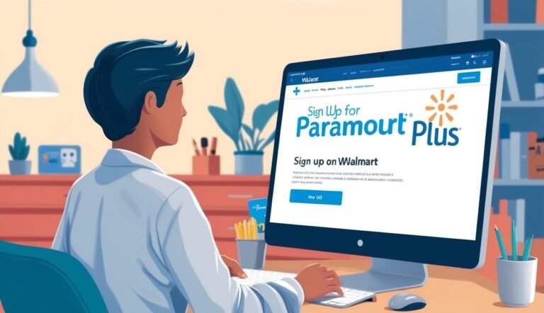 Person signing up for Paramount Plus on Walmart website, using a computer