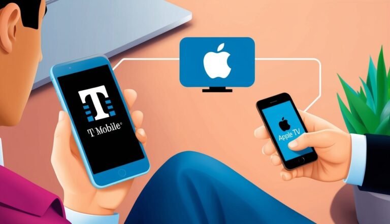 Person holding T-Mobile phone, Apple TV, and Apple TV phone, with Apple TV screen