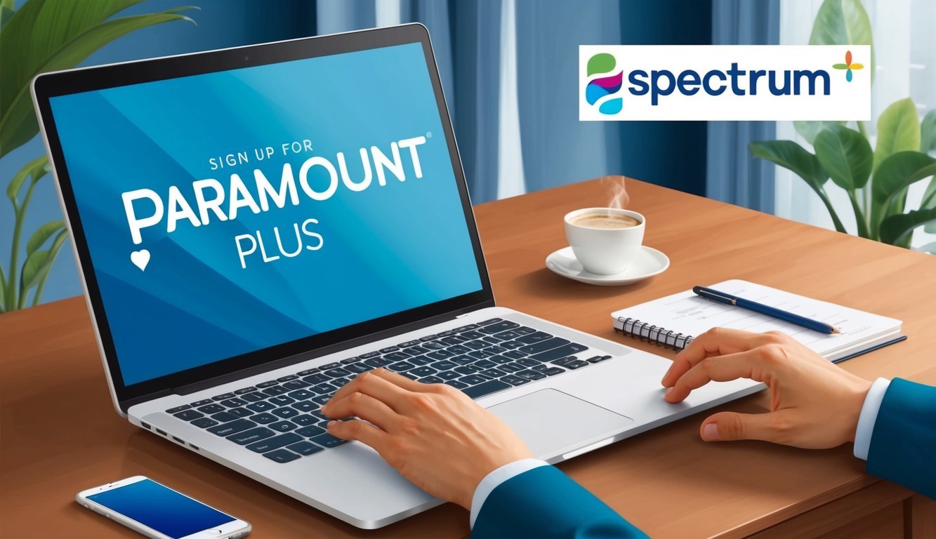 A person using a laptop to sign up for Paramount Plus with Spectrum, with the Paramount Plus and Spectrum logos visible on the screen