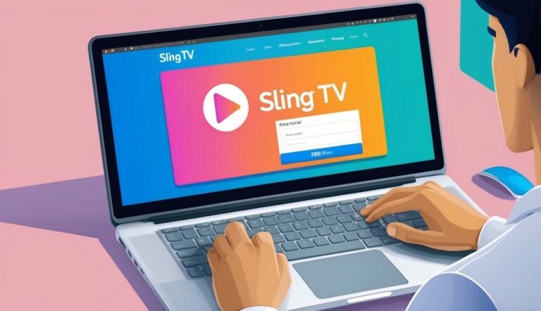 Person using a laptop with the Sling TV website open, free trial form