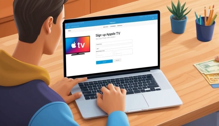 Person signing up for Apple TV on a laptop, money on the table