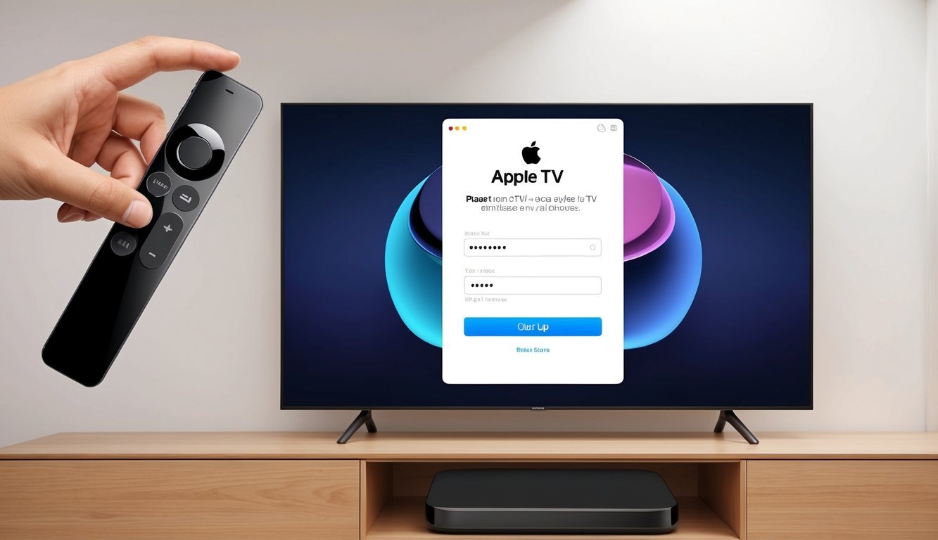 An Apple TV remote hovering over a TV screen with the Apple TV sign-up page displayed