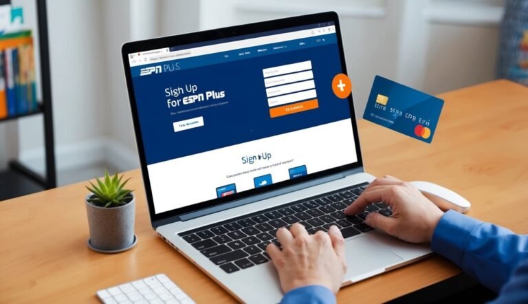 Laptop with ESPN Plus sign-up form, credit card, and hands typing