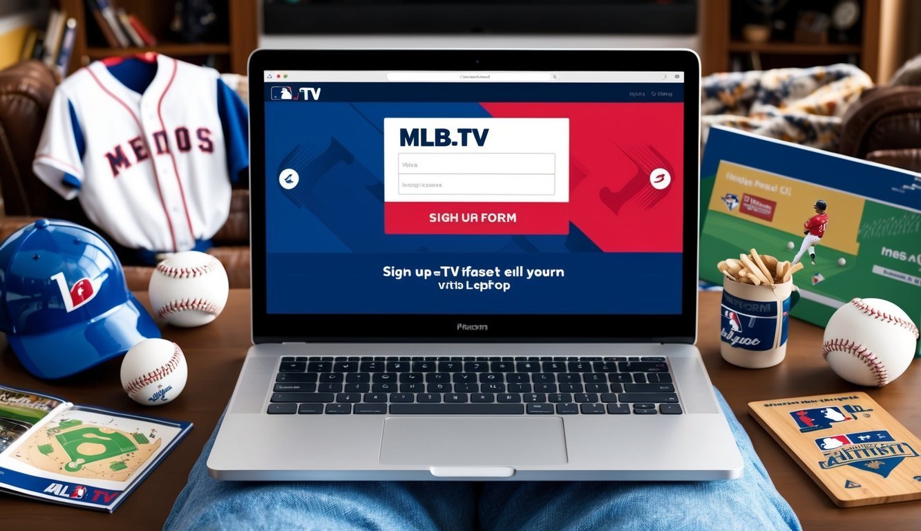 A laptop displaying the MLB.TV homepage with a sign-up form, surrounded by baseball memorabilia and a cozy living room setting