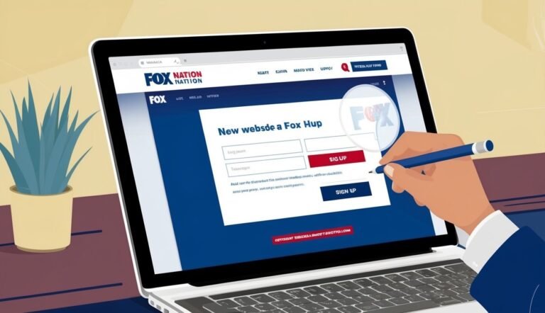 Laptop screen displaying Fox Nation website with a hand holding a pen