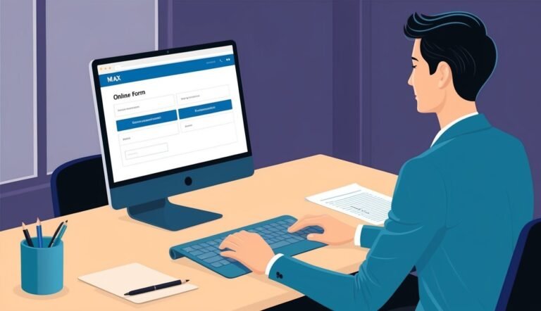 Man filling out an online form on a computer at a desk