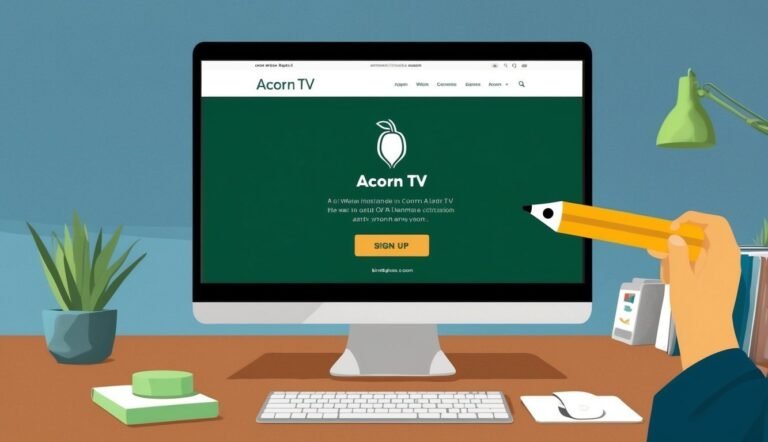 Computer screen displaying the Acorn TV website, a hand holding a pencil