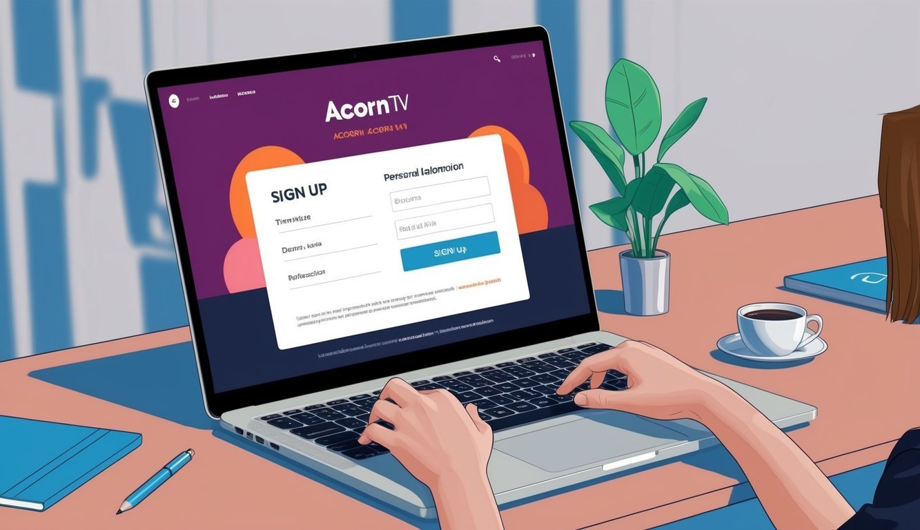 A laptop displaying Acorn TV's sign-up page with a user entering personal information