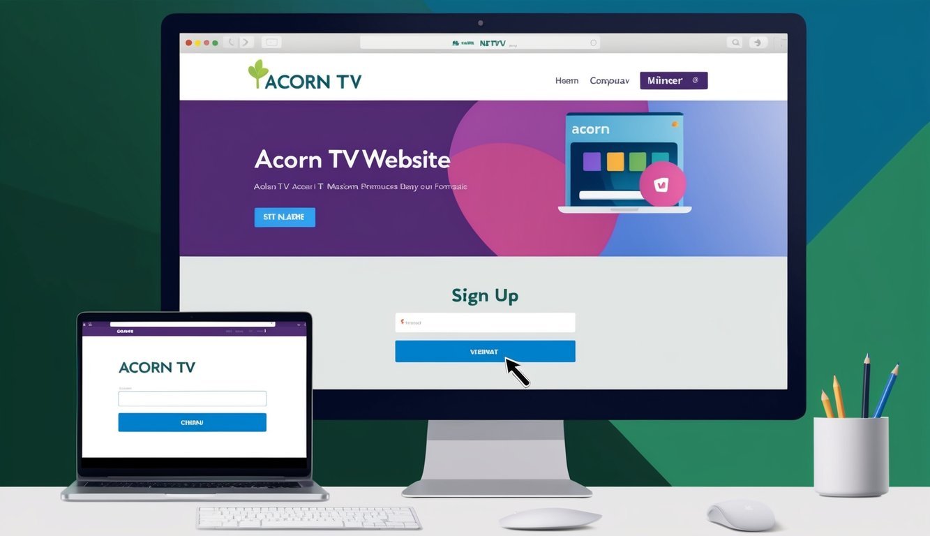 A computer screen displaying the Acorn TV website with a sign-up form and a cursor hovering over the submit button