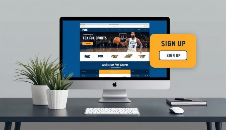 Computer screen displaying the FOX Sports website with a basketball player and sign-up button