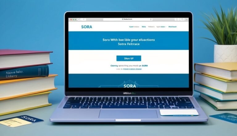 Laptop displaying "Sora" website, surrounded by books and a plant on a blue surface