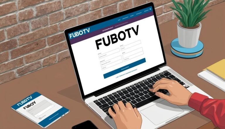 Laptop displaying FuboTV login page, hands typing on keyboard, brick wall background
