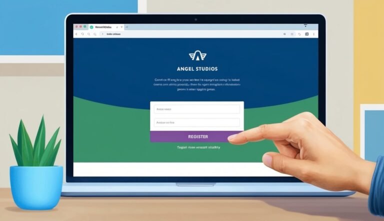 Laptop screen with Angel Studios registration form, finger pointing at register button