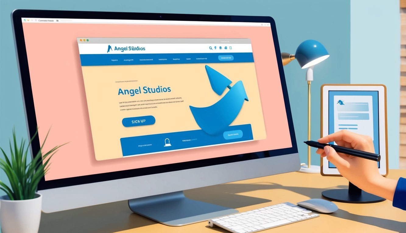 A computer screen displaying the Angel Studios website with a cursor clicking on the "Sign Up" button