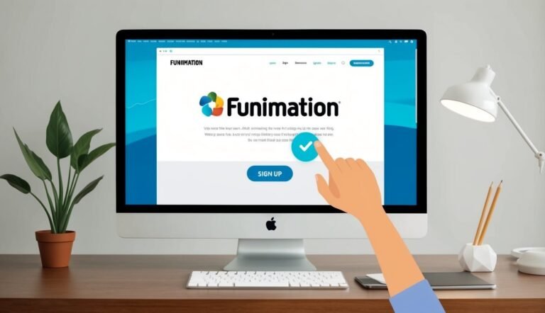 Hand pointing at the Funimation sign-up button on a computer screen