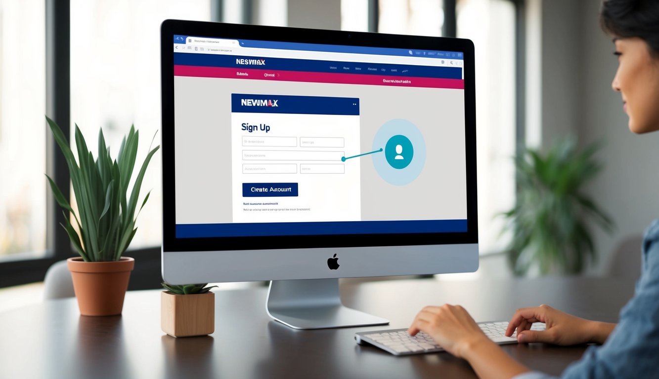 A computer screen displaying the Newsmax website with a sign-up form open, a cursor hovering over the "Create Account" button