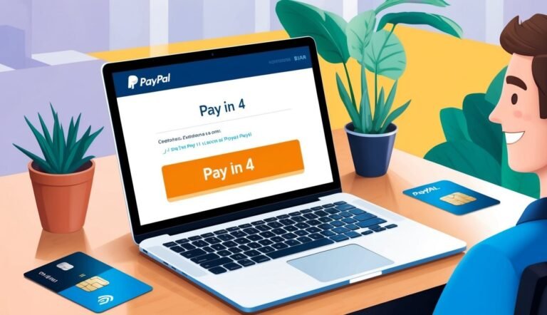 Laptop screen showing PayPal's "Pay in 4" option, with cards and a smiling man