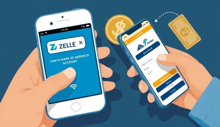 Two phones with Zelle app, a coin, and a two-dollar bill