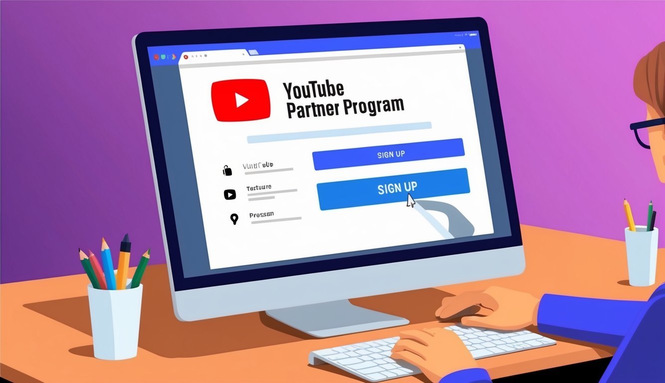 A computer screen displaying the YouTube Partner Program sign-up process with a mouse cursor clicking on the "Sign Up" button