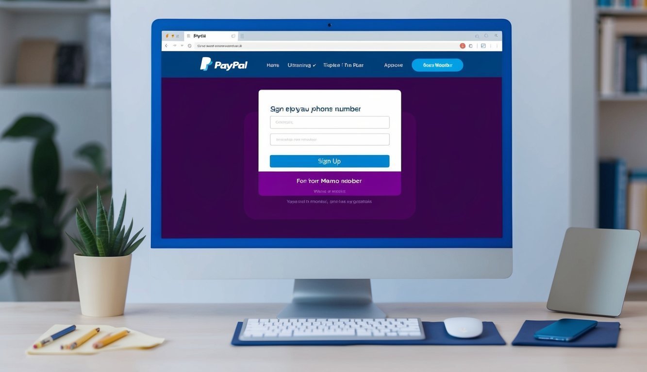 PayPal sign-up page on a computer screen, with keyboard and mouse