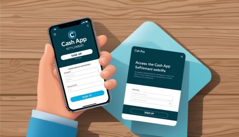 Hand holding a phone with the Cash App sign-up screen, and a website form