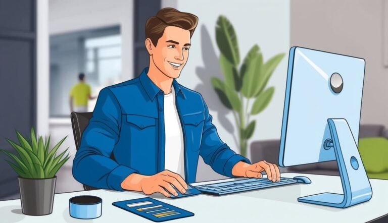 Smiling man working on a computer at a desk with plants