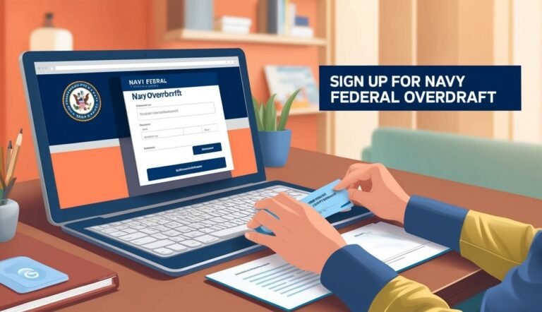 Person signing up for Navy Federal Overdraft on a laptop with card