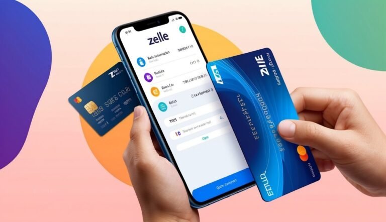 Hands holding a smartphone with Zelle app and two blue credit cards