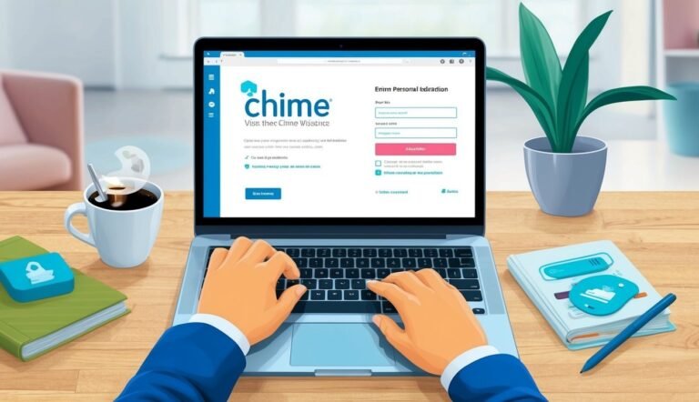 Laptop with Chime login screen, hands typing, coffee, plant, notebook, pen