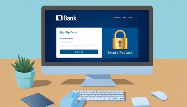 Computer screen displaying a bank sign-up form with a padlock icon and keyboard