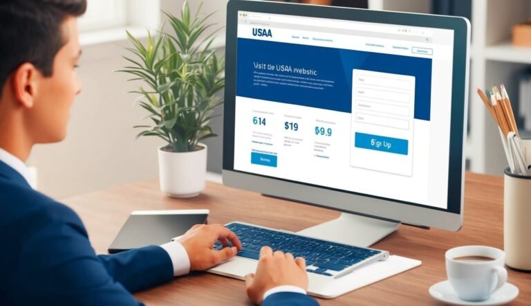 Man working on computer with USAA website displayed on screen