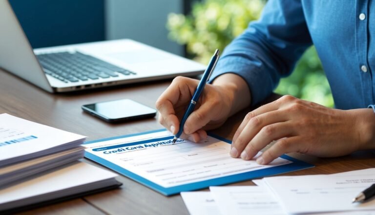 Person filling out a credit card application with a pen