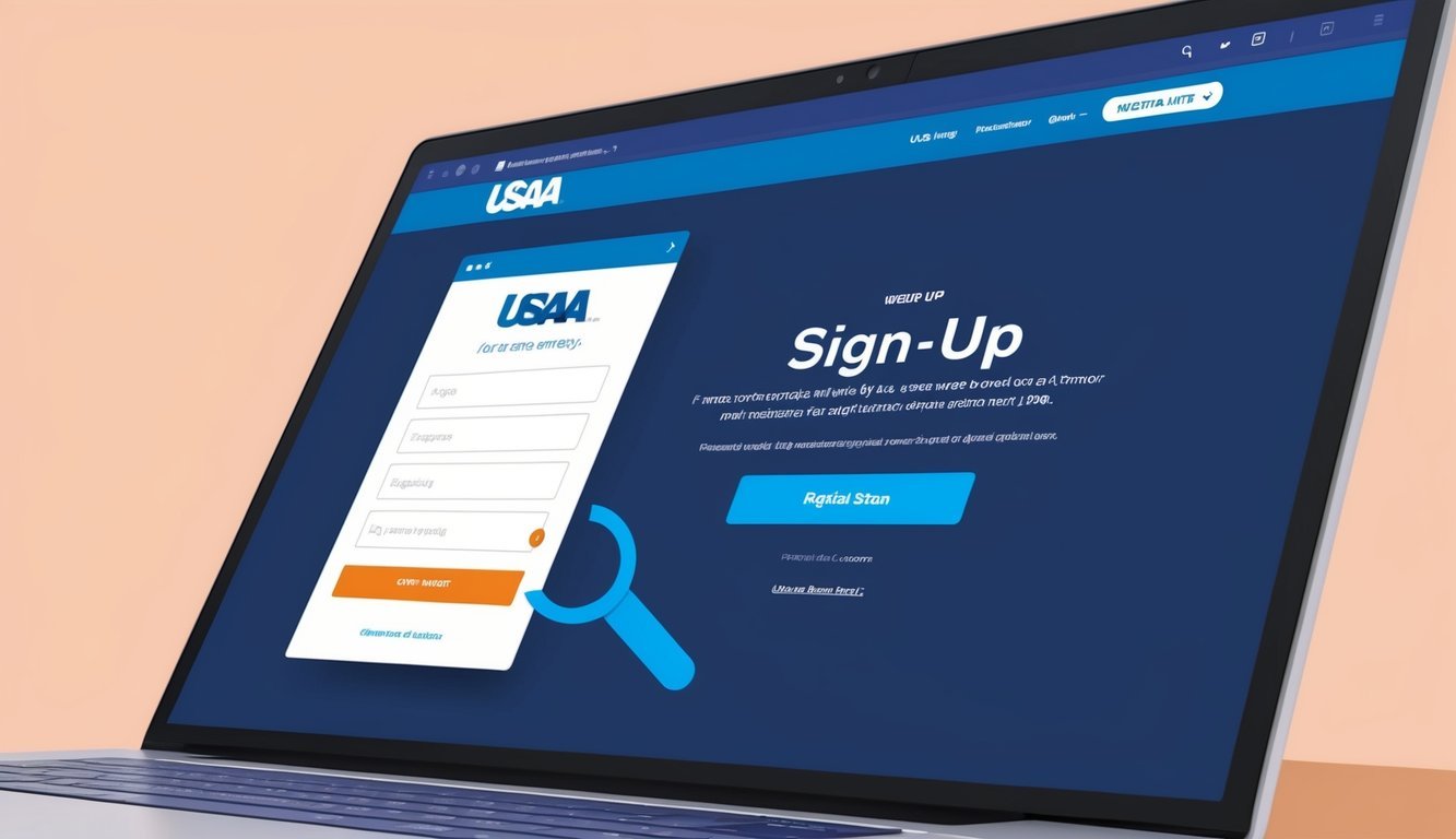 A computer screen displaying the USAA website's sign-up page with a cursor hovering over the registration button