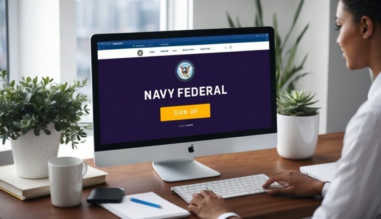 Woman using computer with Navy Federal website open, "Sign Up" button