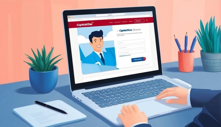 Laptop displaying Capital One login page with a person's hands typing