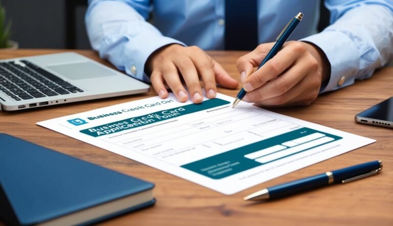 Person filling out a business credit card application form with pen