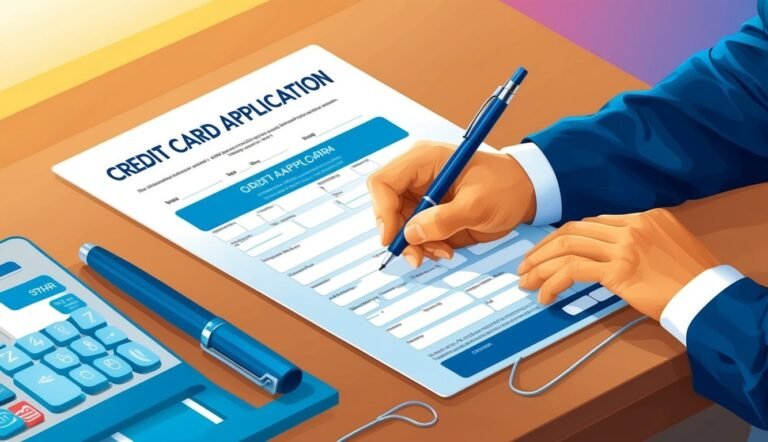 Person filling out a credit card application with a pen and calculator