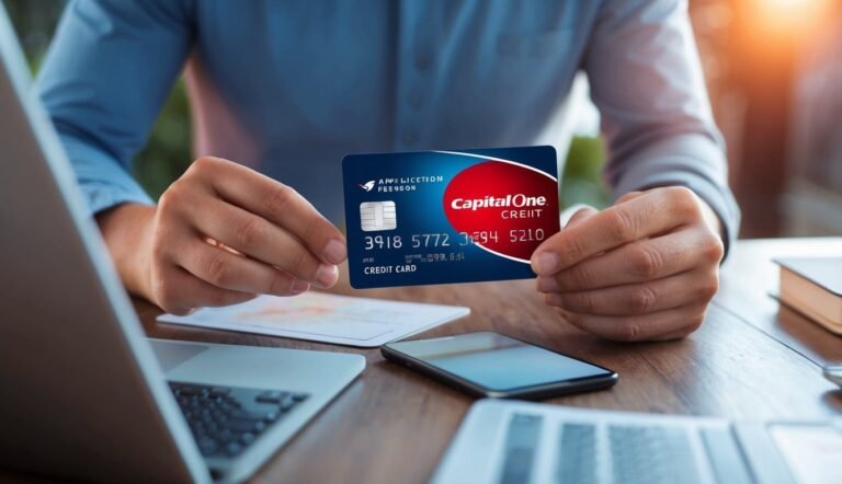 Person holding a Capital One credit card near a laptop and smartphone
