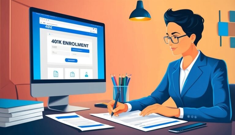 Woman filling out 401k enrollment form on computer at desk