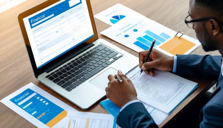 Man in suit working on financial documents with laptop and charts