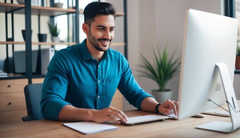 Man in blue shirt smiles while working on a computer at desk