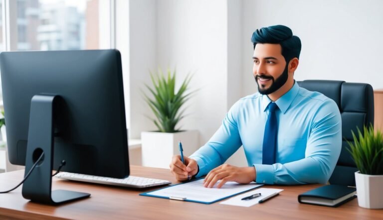 Smiling businessman in blue shirt writing at desk with computer and plants