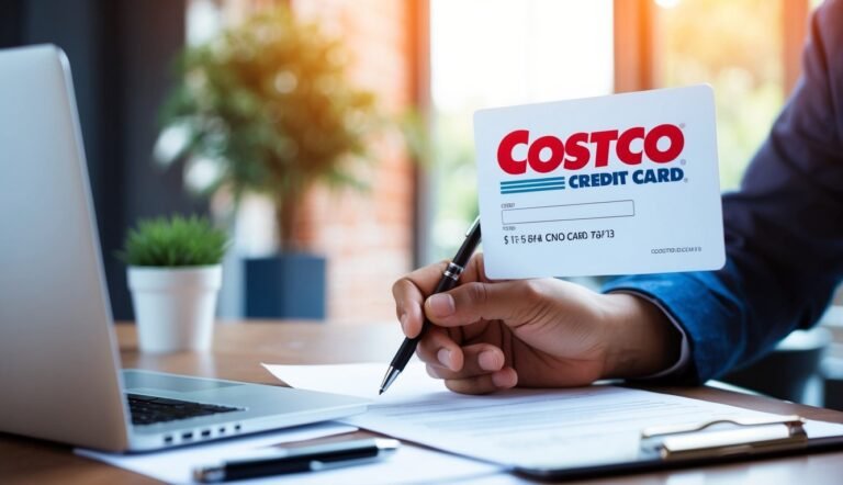 Person signing a document with a Costco credit card in view