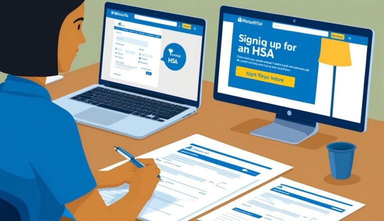 Person filling out forms, with laptop and monitor displaying HSA sign-up